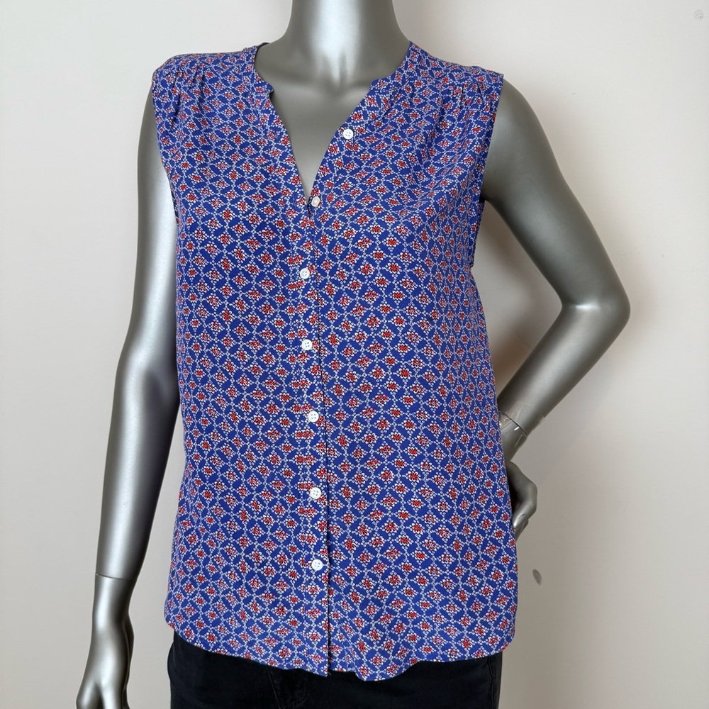 Joie 100% Silk Purple & Red Patterned  Sleeveless V-neck Button Down Top Small